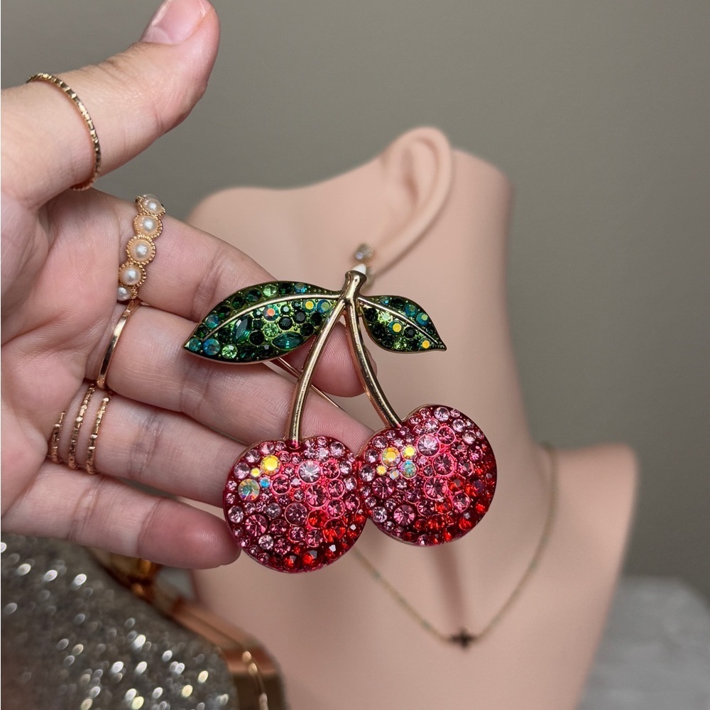 ⚜️🍒 Cherry Lové Colorful Sparkling Brooch With Zirconia ❤️🔥 - Picture 4 of 6